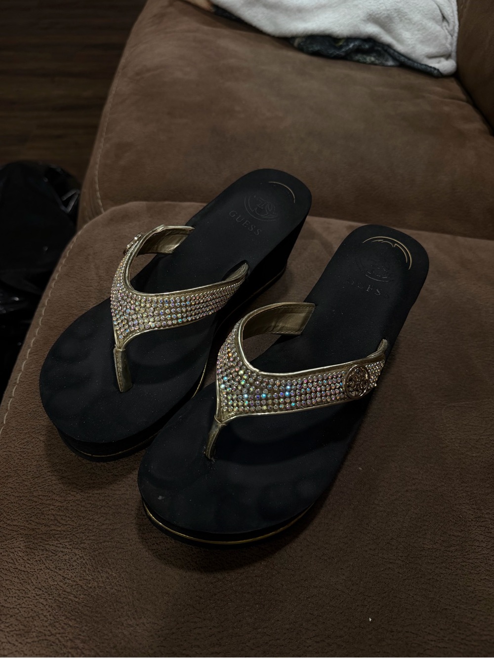 GUESS Gold Rhinestone Wedge Sandals with Black Footbed